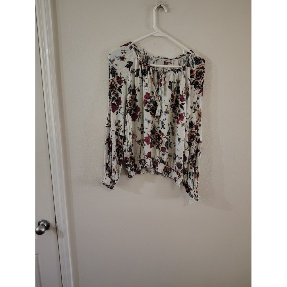 American Rag Cie Floral Peasant Blouse Long Sleeve Smocked Hem Tassel Top XL